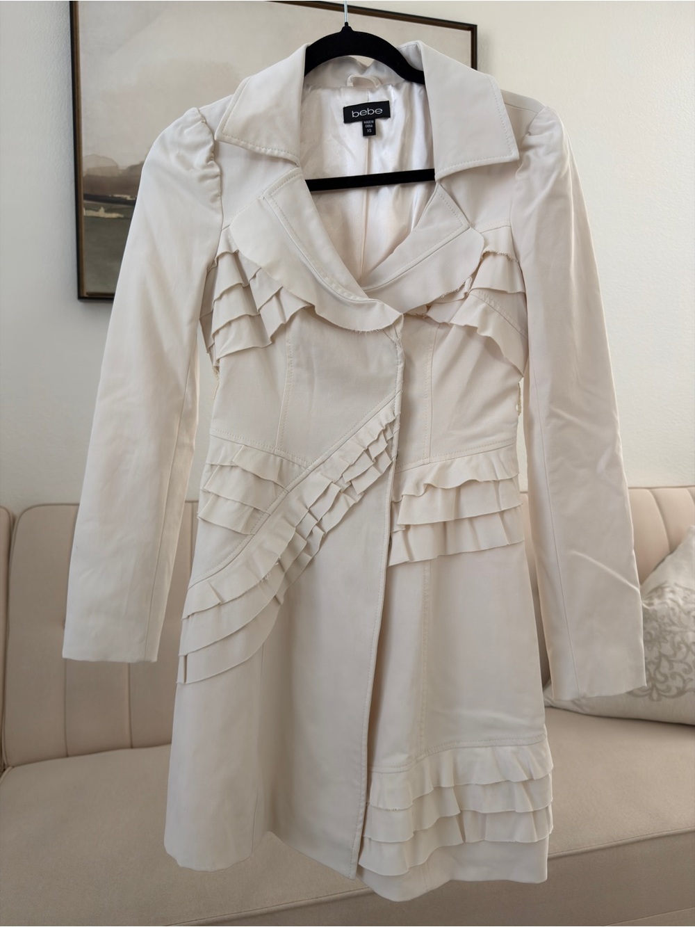 bebe Cream Ruffle-Trim Pea Coat